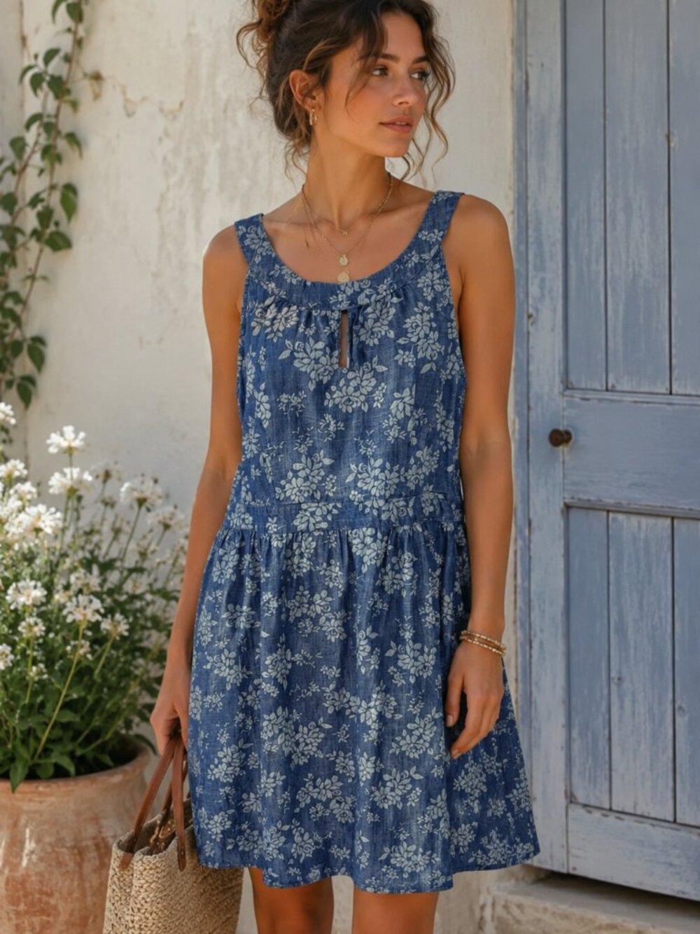 Loft Ann Taylor Floral Chambray Dress Blue Size 10